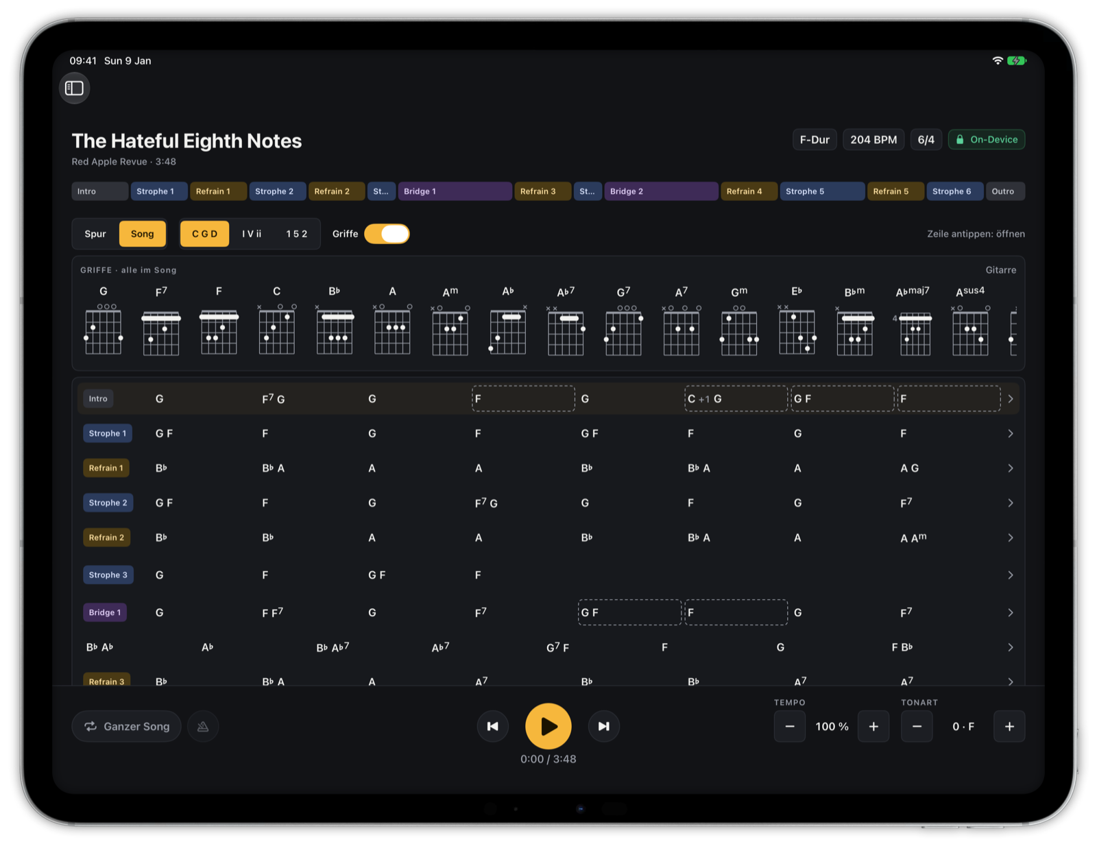 Leadsheet mit den Akkorden aller Teile und den Gitarrengriffen des Songs
